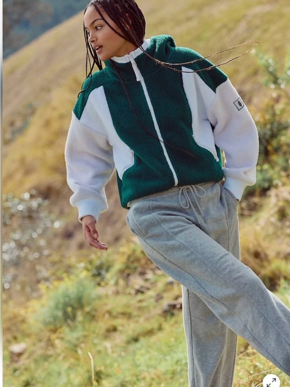 Free People Movement M Green White Colorblock Sherpa Fleece Hooded Jacket
